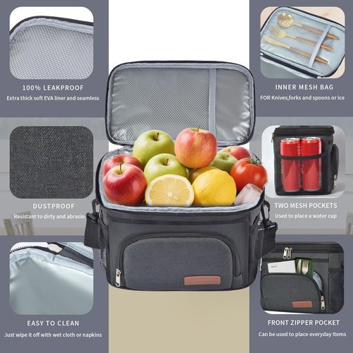 ExtraCharm Insulated Lunch Bag - Leakproof Cooler Tote for Office, Picnic & Hiking | Adjustable Strap - Black