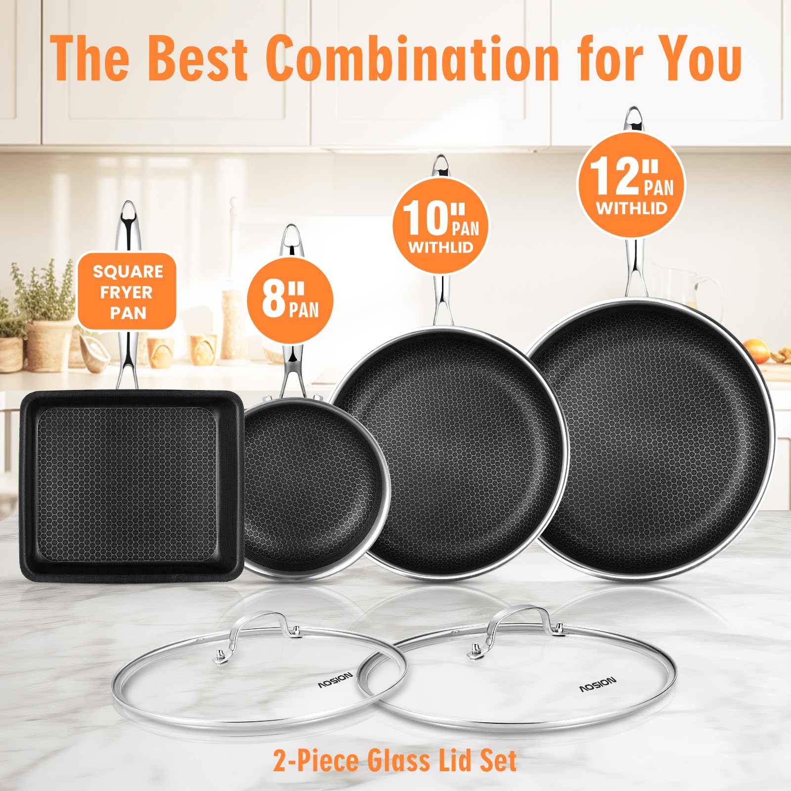 AOSION Nonstick Frying Pans Set,Hybrid Skillets Set with Lid(8+10+9+12inch), Hybrid Stainless Steel Frying Pans Set of 3 for Cooking,PFAS/PFOA Free Cookware Sets,Induction Compatible.