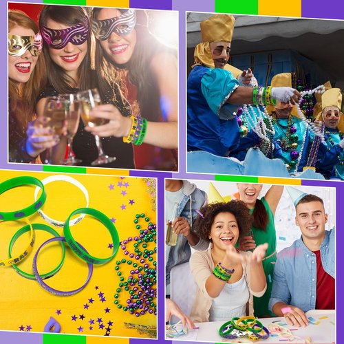 Lunmon 120 Pcs Mardi Gras Silicone Bracelets Bulk Mardi Gras Throw Happy Carnival Bracelets Clown Circus Carnival Rubber Wristbands for Party Birthday Supplies Gifts