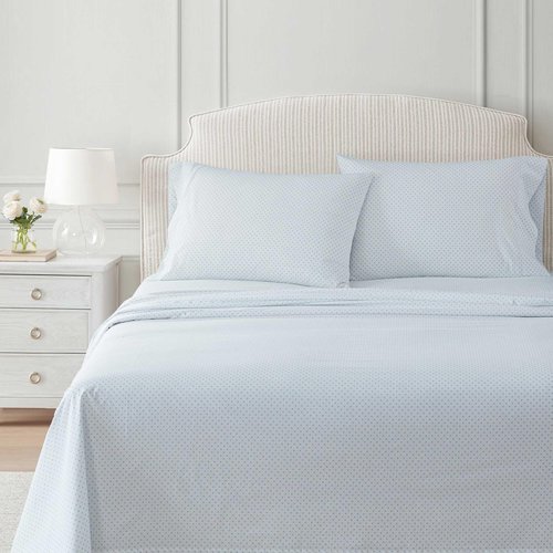 Martha Stewart - Queen Size Sheets Set, Crisp & Tailored Cooling Sheets with a Naturally Smooth Cotton Percale Lightweight Feel - Bed Sheets with Matching Pillowcases & Fitted Sheet (Polka Dot Blue)