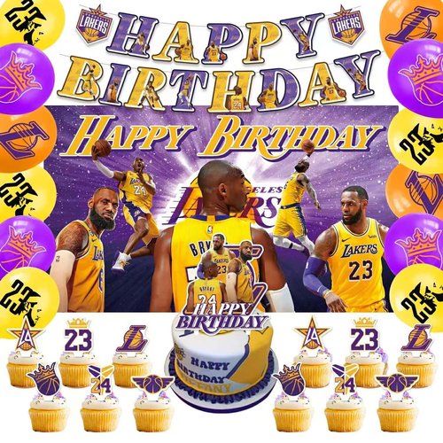 42Pcs Los Angeles Basketball Party Supplies Pack Includes，Banner，Cake Topper，Blackdrop,Balloons for The Laker party decoration