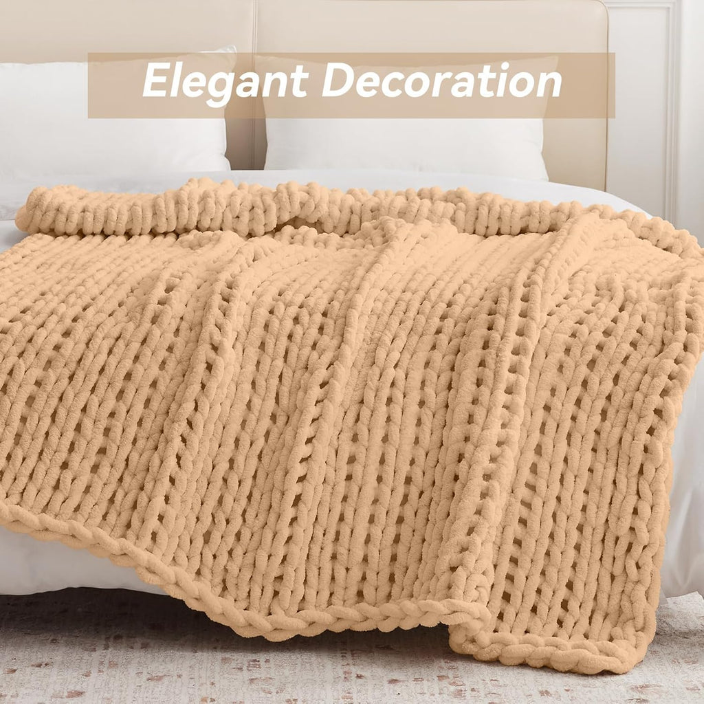 Negwoo Chunky Knit Throw Blanket - Handmade Beige Chenille Yarn | Soft & Comfy 30'' x 40'' Size for Home Decor