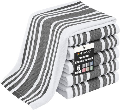 Homaxy Premium Kitchen Towels - Highly Absorbent Cotton Dish Towels | 6 Pack, 18”x28”, Black Stripe & Terry