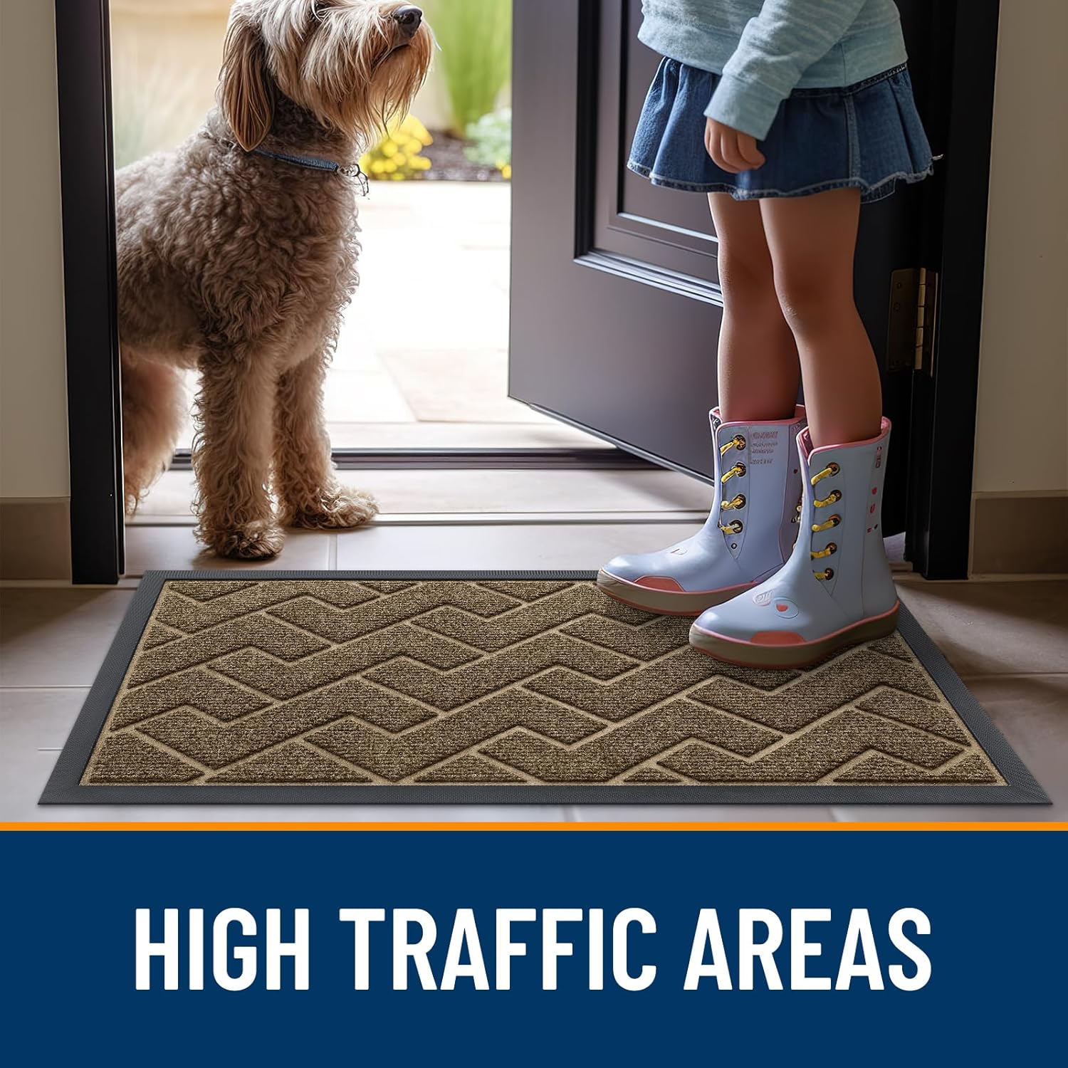 OLANLY Waterproof Front Door Mat - All-Season Indoor/Outdoor Doormat, Sturdy Natural Rubber, Herringbone Brick (Brown, 71x23)