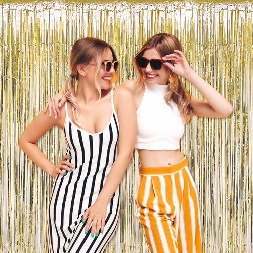 Light Gold Foil Fringe Curtains by [Brand Name] - 3 Pack Metallic Tinsel Backdrop | 3.28 x 8.2 Ft for Parties