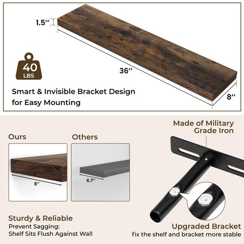 RICHFOCUS 36Inch Floating Shelves for Wall 2 Pack Shelves for Bedroom|Kitchen|Bathroom Wall Mounted Rustic Wood Floating Shelf with Invisible Brackets for Books|Storage|Decor, Rustic Brown