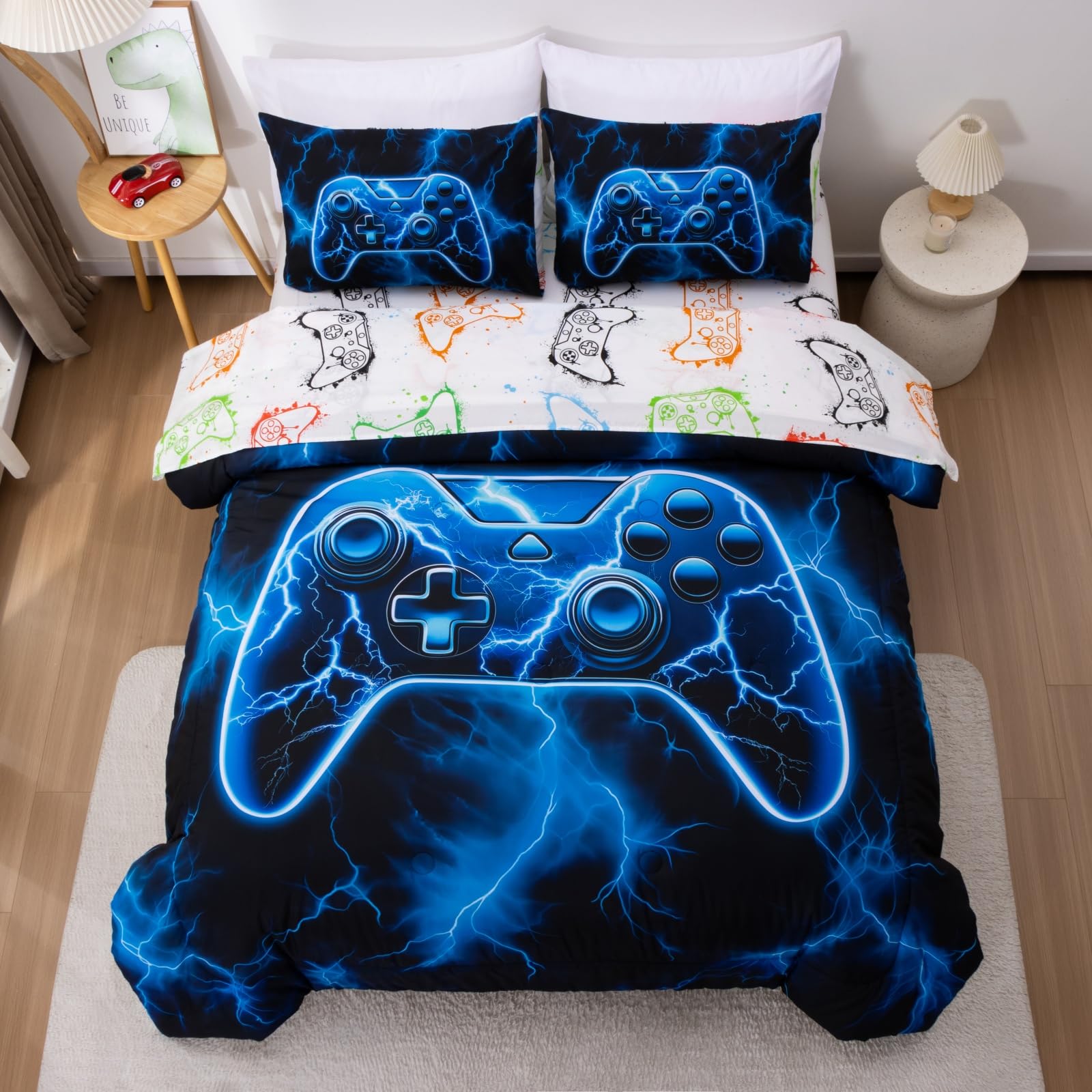 Meeting Story Gamer Comforter Set for Boys, 3D Game Controller Design Boys Twin Bedding Sets, 5 Pieces Gaming Bed Set for All Seasons, Lightweight Soft Twin Comforter Set(Blue)