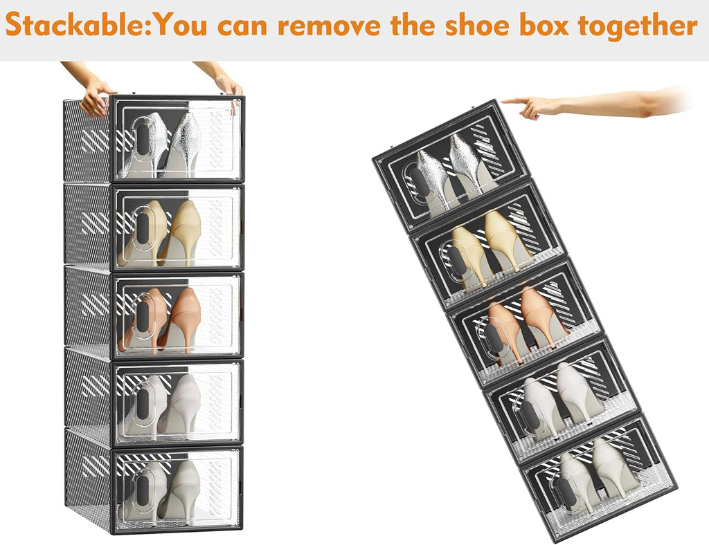 SIMPDIY Shoe Organizer - 12 Pack Clear Plastic Stackable Shoe Storage Boxes with Lids | Size 10, Black