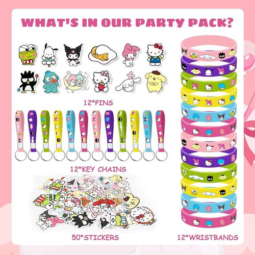 Joi-Fun 86pcs Kitty Birthday Party decorations Set Included 12 Bracelets, 12 Acrylic Pins, 12 Keychains, 50 Stickers, for Boys and Girls Cartoon Theme Party