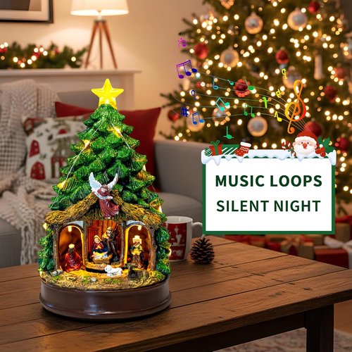 Candieslife Musical Christmas Tree - Rotating Nativity Scene with LED Star Light | Tabletop Decor Gift