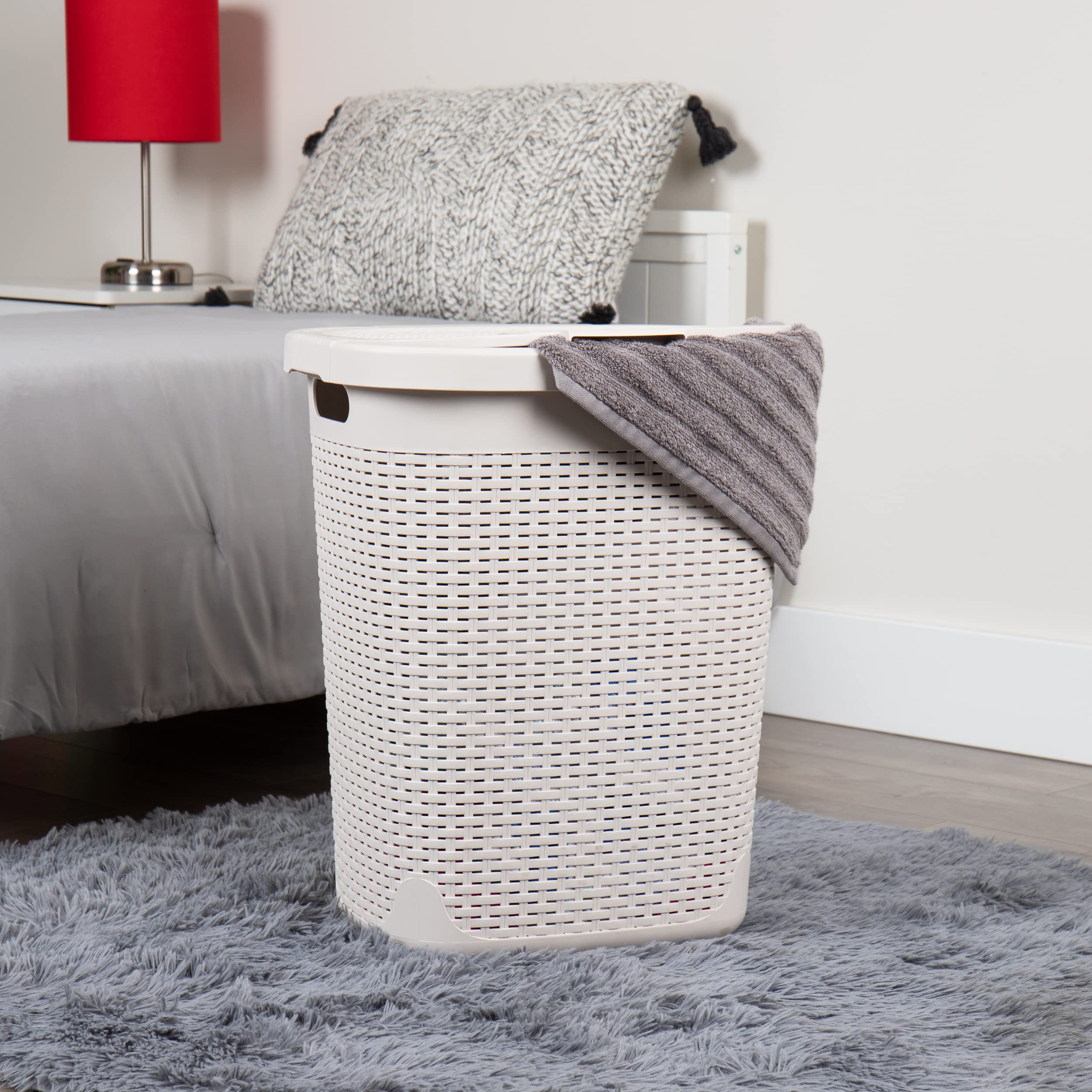 Mind Reader 50L Slim Laundry Hamper, Set of 2, Clothes Basket, Lid, Wicker Design, Plastic, 17.65"L x 13.75"W x 21"H, Ivory