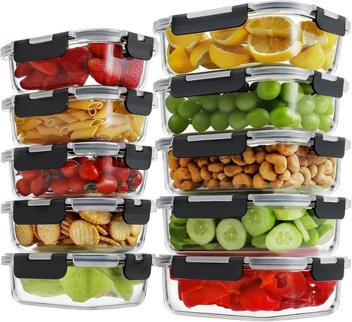 HOMBERKING Borosilicate Glass Meal Prep Containers - Airtight & Leak Proof | 10 Pack, BPA-Free, 36oz & 14oz