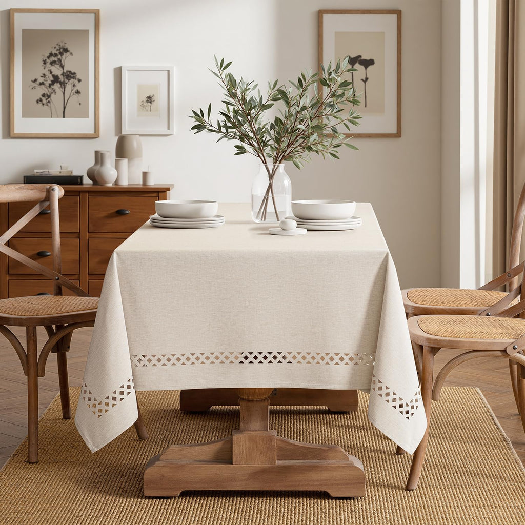 MIULEE Beige Rectangle Polyester Tablecloth with Decorative Cutouts Spring Waterproof Stain Resistant & Shrink-Proof Table Cloth 60x84 inch Farmhouse Style for Dining Wedding and Outdoor