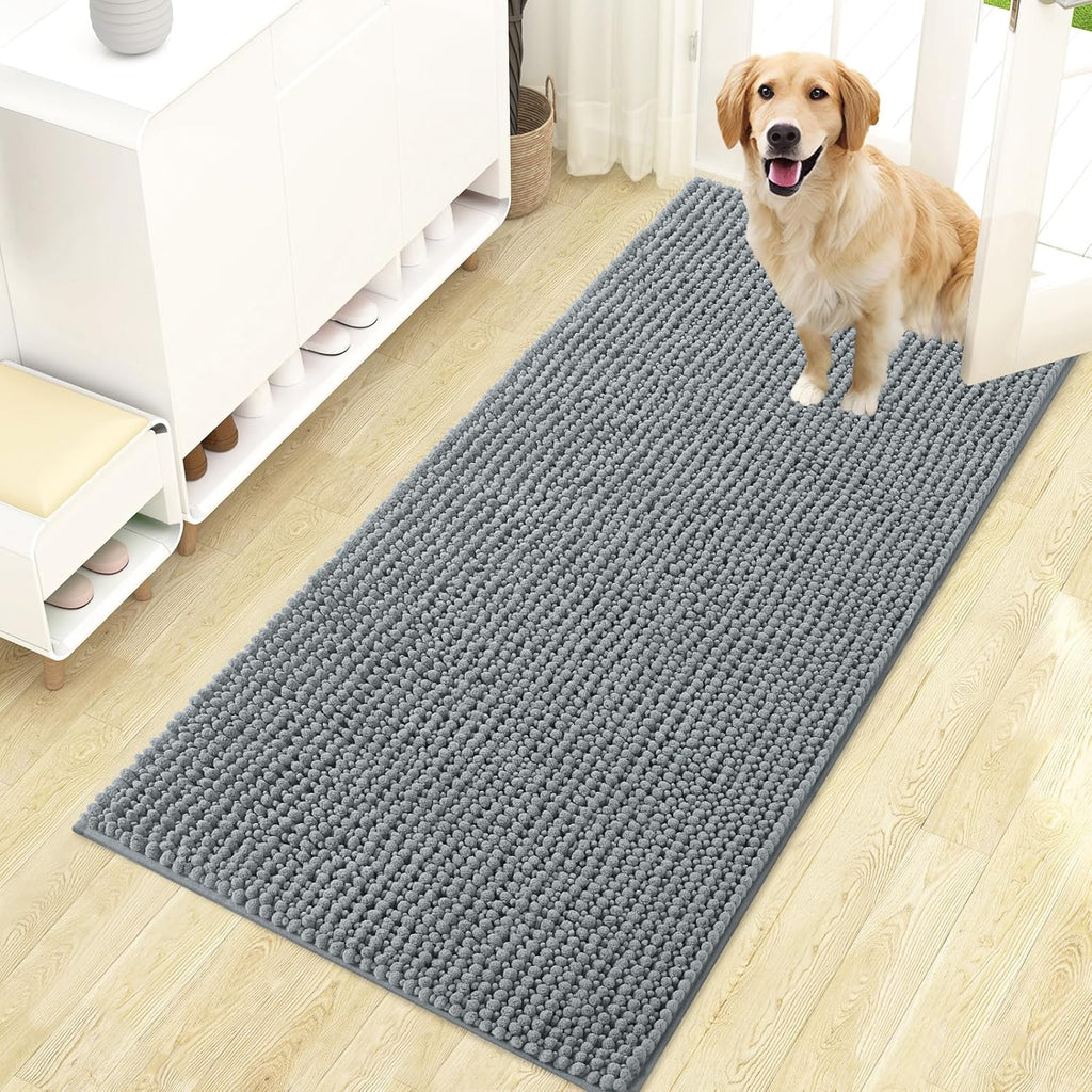 OLANLY Dog Door Mat - Ultra Absorbent Chenille Mud Doormat, Non-Slip & Washable, 47x24, Grey