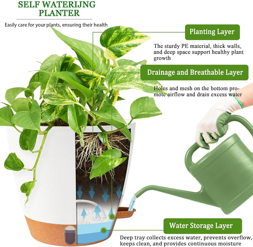 Skiennix 8-Inch Self-Watering Plant Pots - Durable Plastic with Drainage Holes & Water Level Indicator | White (2 Pack)