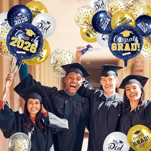 Graduation Balloons by [Brand Name] - Navy Blue & Gold 51-Piece Set with Confetti Ribbons | Perfect for 2026 Grad Party