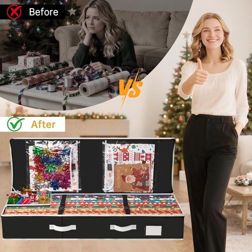 Criusia Gift Wrapping Paper Organizer - Durable Underbed Storage for 24 Rolls | Removable Dividers & Pockets, Black