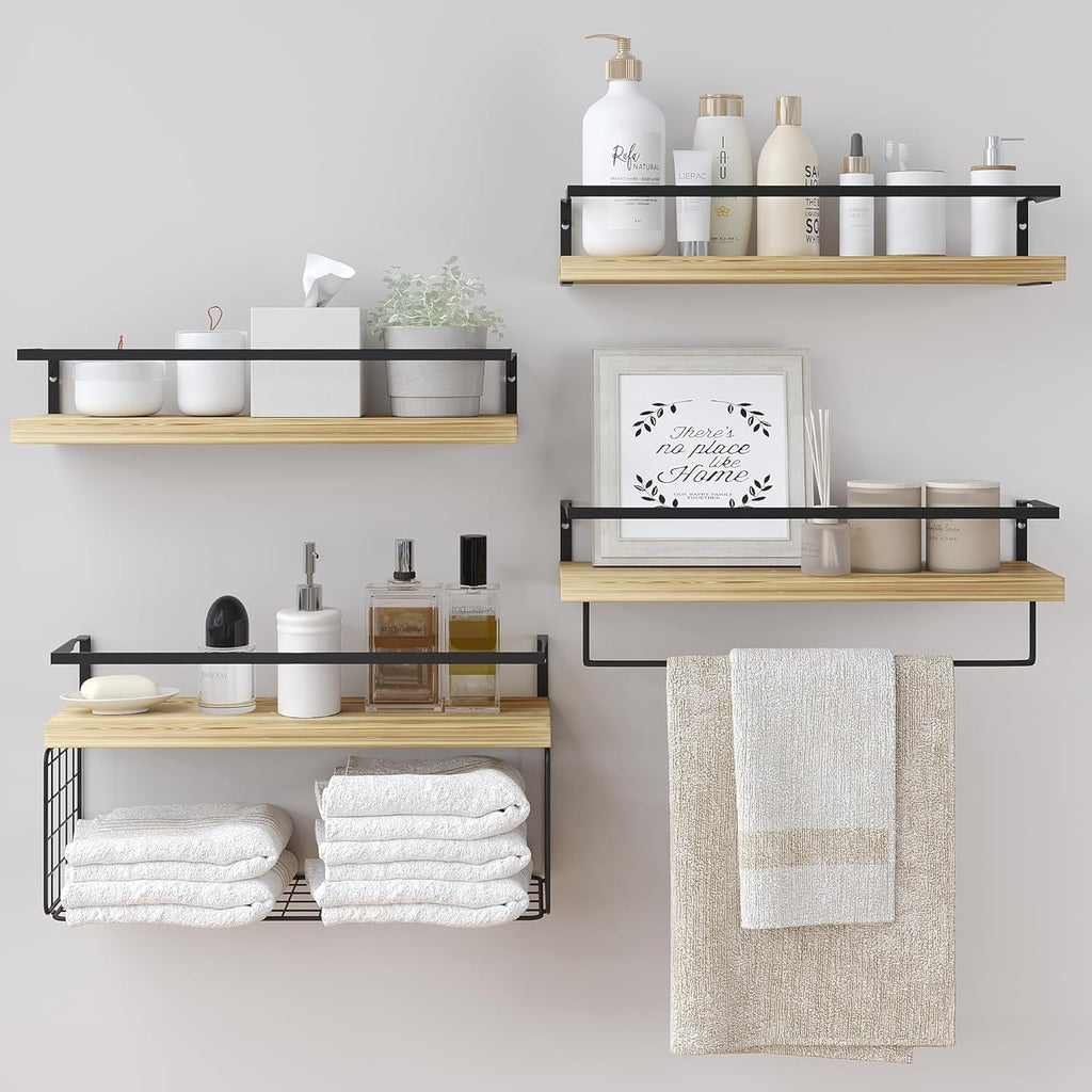 Wood Floating Shelves - Rustic Wall-Mounted 4-Tier Bathroom Shelves with Wire Basket & Towel Bar