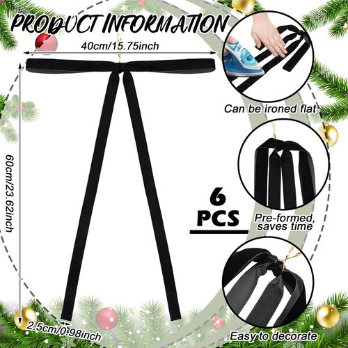 Janinka Black Velvet Ribbon Bows - 6 Pcs Rustic Christmas Tree Decorations | Large 23.5x15.5 Inch Ornaments