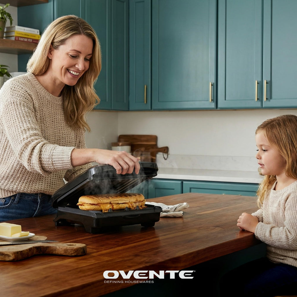 OVENTE 2-Serving Electric Indoor Grill & Panini Press with Easy Clean Non-Stick Plate Coating, Opens 180 Degrees, 8.15" x 7.4" Space Saving Design, 750W Contact Grill for Burgers & More, Black GP222B
