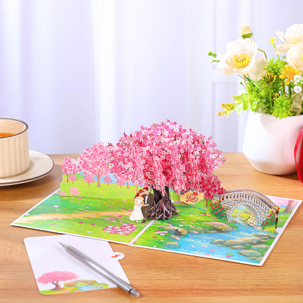 Pop Up Valentines Cards, 3D Cherry Blossoms and Swing Couple in Love, Anniversary, Wedding Cards for Wife, Husband, Her, Him, Girlfriend, Ideal Gift for Birthday, Wedding, Valentine's Day, Mothers Day