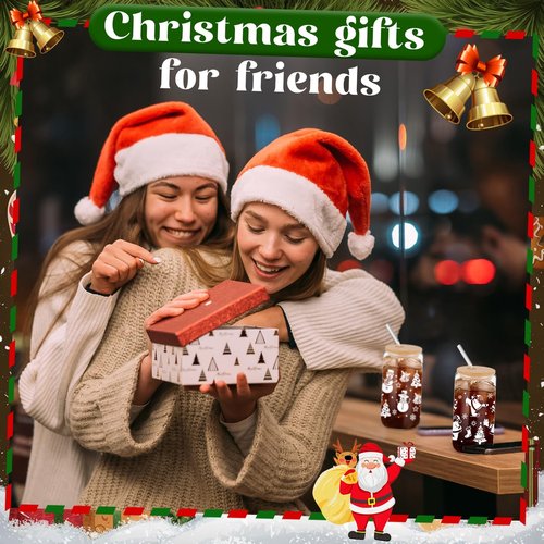 Yetene 24 Set 2026 Christmas Glass Cups Gifts 16 oz Christmas Drinking Glasses with Bamboo Lid Straw Santa Winter Iced Coffee Glasses Gift for Women Xmas Staff Employee Appreciation New Year (White)
