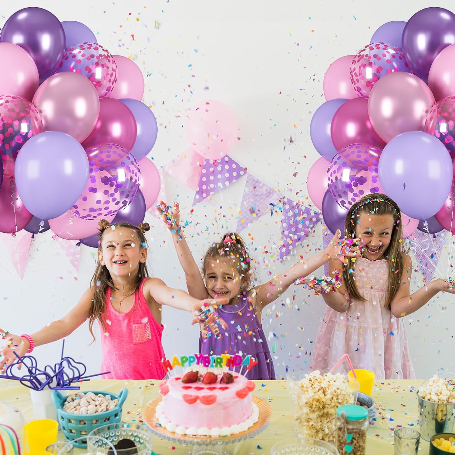 Regine Switzerland 60 Pcs Pastel Metallic Balloons - Pink & Purple Confetti for Birthday & Bridal Showers