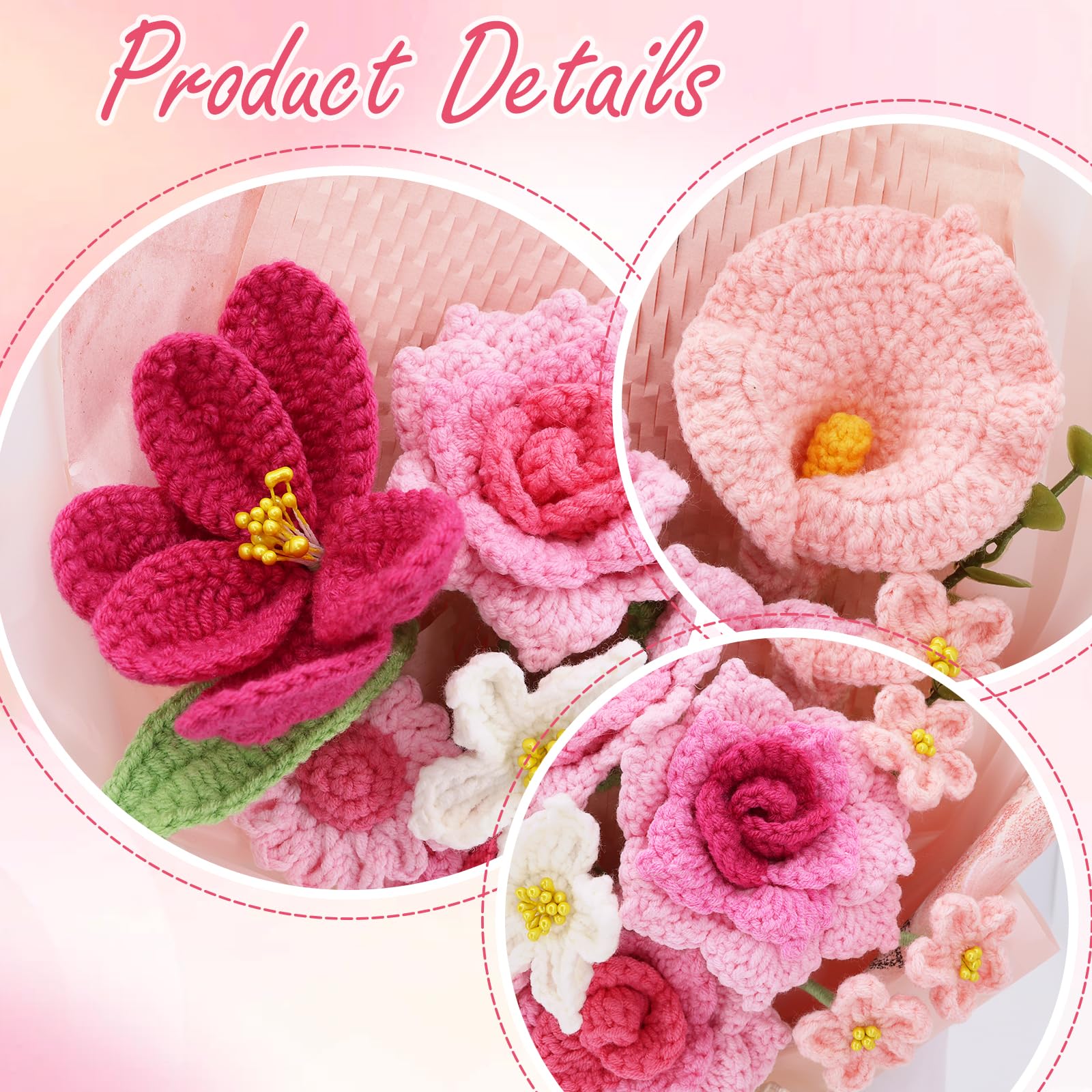 FUCAN Crochet Flowers, Finished Bouquet, Cotton Thread, Handmade, Gift for Lover, Friend, Teacher, Wedding Anniversary, Mixed Flowers, Crochet Bouquet, Artificial Flower (Pink&Red)