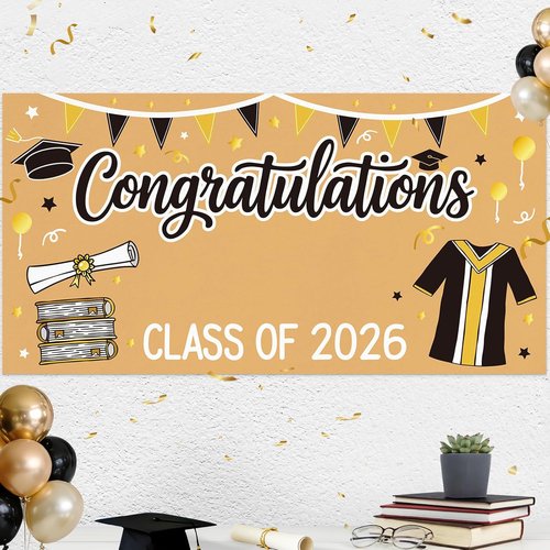 2026 Graduation Decorations | Black and Gold DIY Banner - 61 x 32 Inch Congrats Photo Backdrop