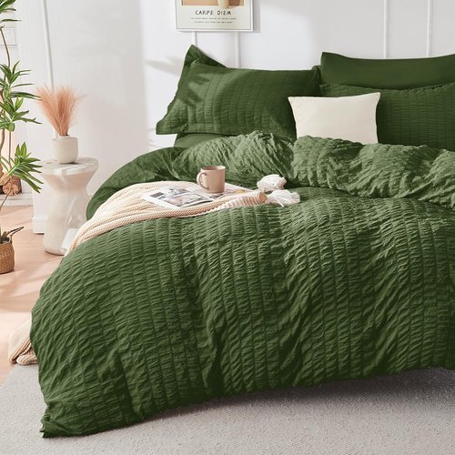 HYMOKEGE Queen Comforter Set - Olive Green Seersucker 7-Piece Luxury Bedding Set for All Seasons