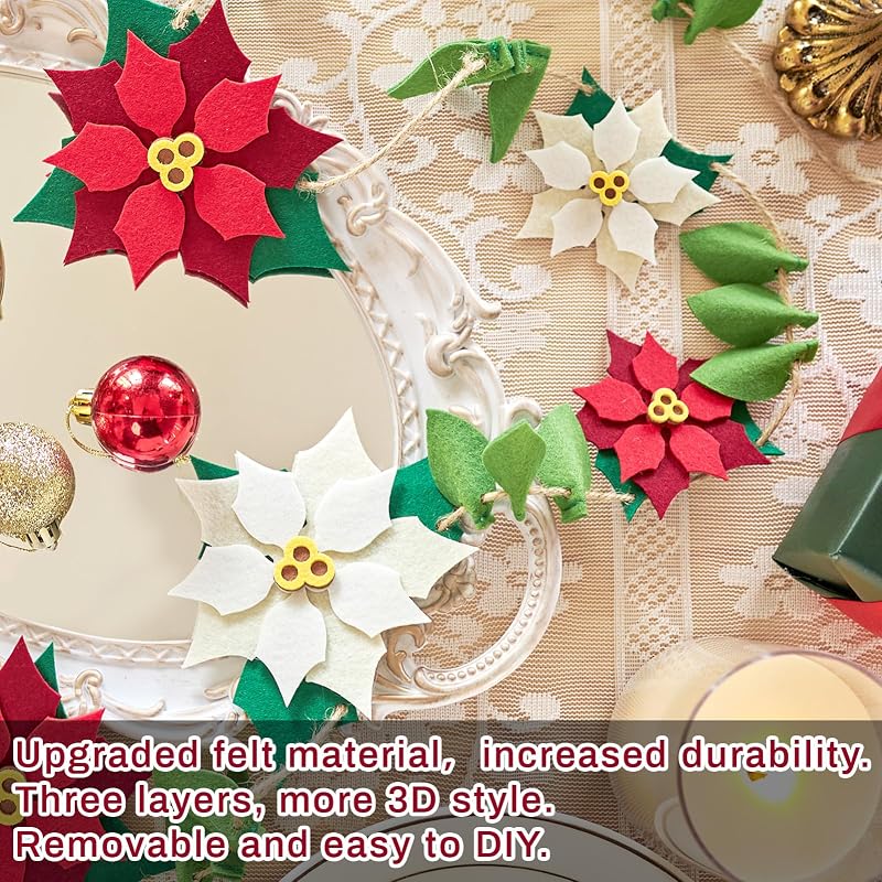 11.5 ft Poinsettia Felt Garland – Red Poinsettia Christmas Garlands for Mantel & Staircase