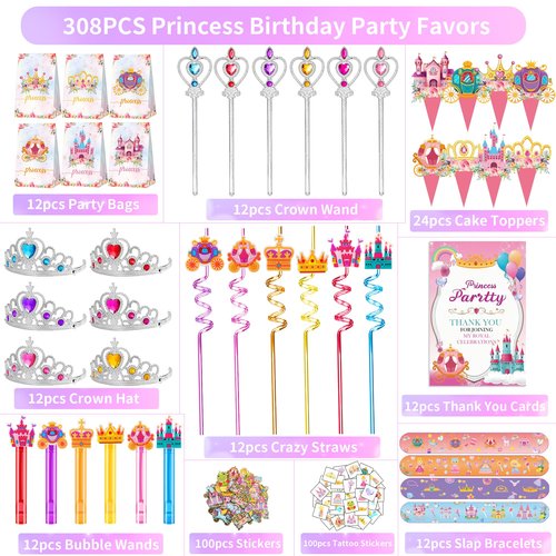 308PCS Princess Birthday Party Decorations Favors, Including Goodie Bags, Crown, Magic Wand, Straws, Bubble Wands, Stickers, Cake Toppers, Tattoo & More-Perfect for Party Decorations & Pinata Fillers