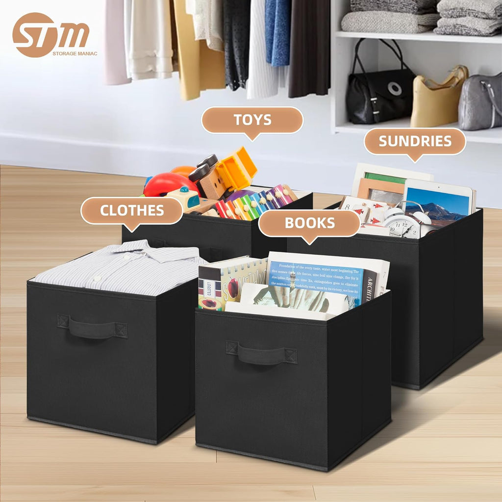Storage Maniac Storage Cubes - 11-Inch Collapsible Bins with Handles | 10-Pack Durable Black Fabric Organizers
