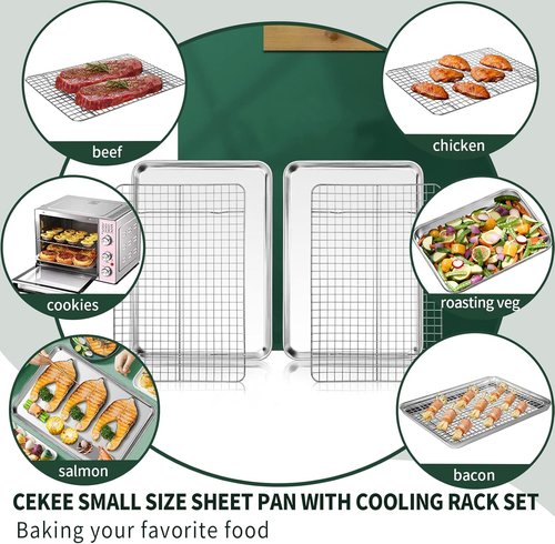 CEKEE Stainless Steel Baking Sheet Set - 2 Cookie Sheets & Racks, Rust-Resistant, 9.33 x 6.96 Inch