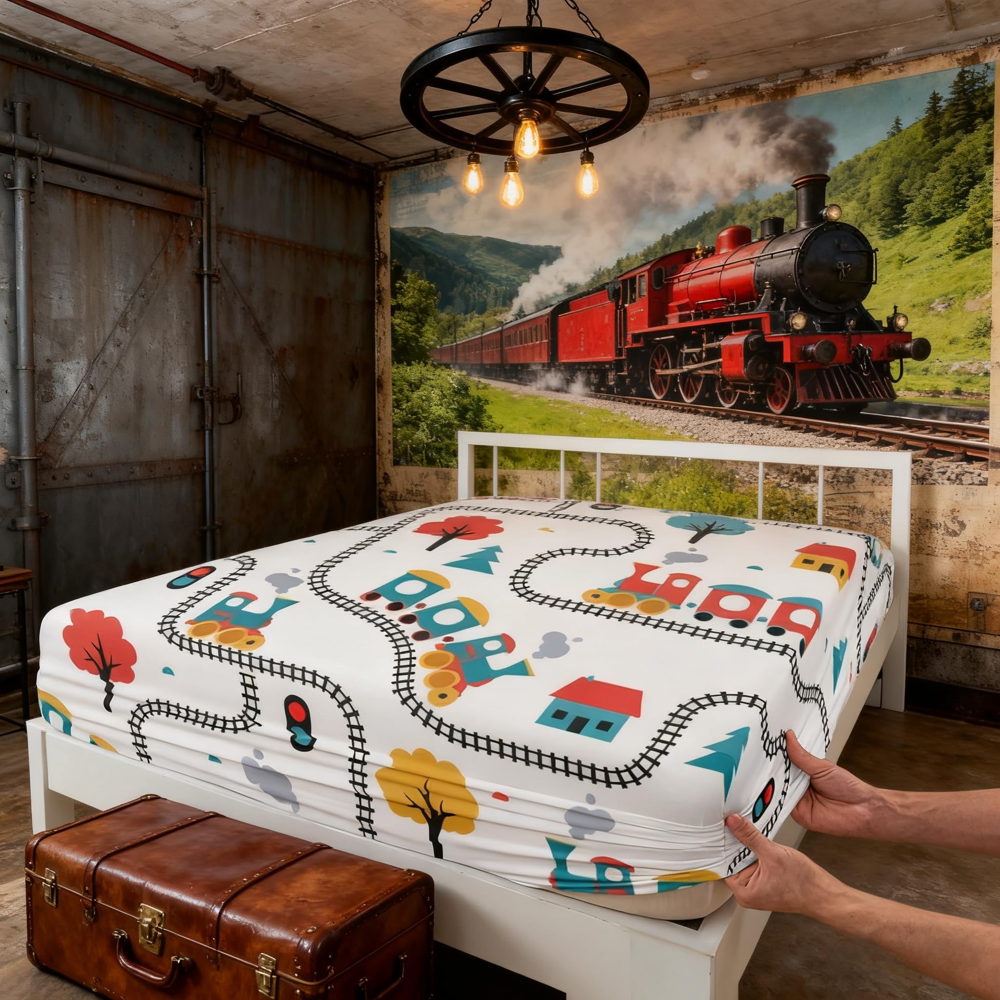 Manfei Cartoon Train Kids Fitted Sheet Twin Size,Cute Choochoo Vehicles Bedding Set,Boys Girls Adults Room Decor,Cartoon Trees City Road Transport Bed Cover,Colorful Chic Bed Sheet,1 Pillowcase