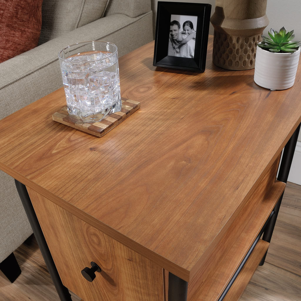 Sauder Union Plain Side Table with Flip Down Door, Prairie Cherry Finish