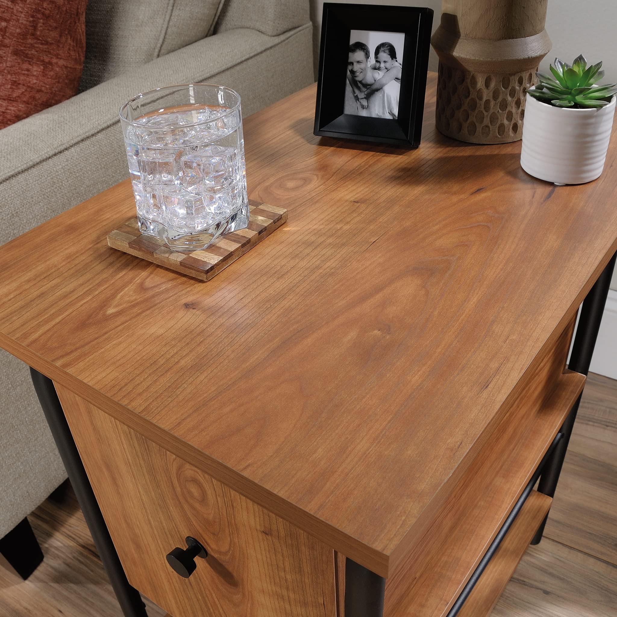 Sauder Union Plain Side Table with Flip Down Door, Prairie Cherry Finish