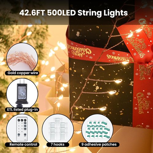 Dailyart 500 LED Fairy Lights - Warm White String Lights with Remote & Timer | 42Ft Waterproof Decor