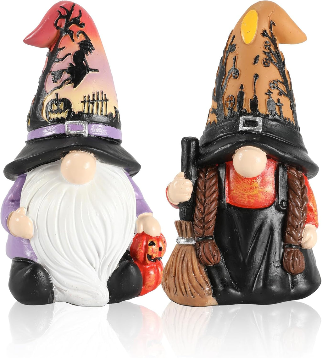 Regine Halloween Gnomes & Witch Figurines - 2-Pack Illuminated Fall Gnome Ornaments - 4.5'' Resin Indoor Decor