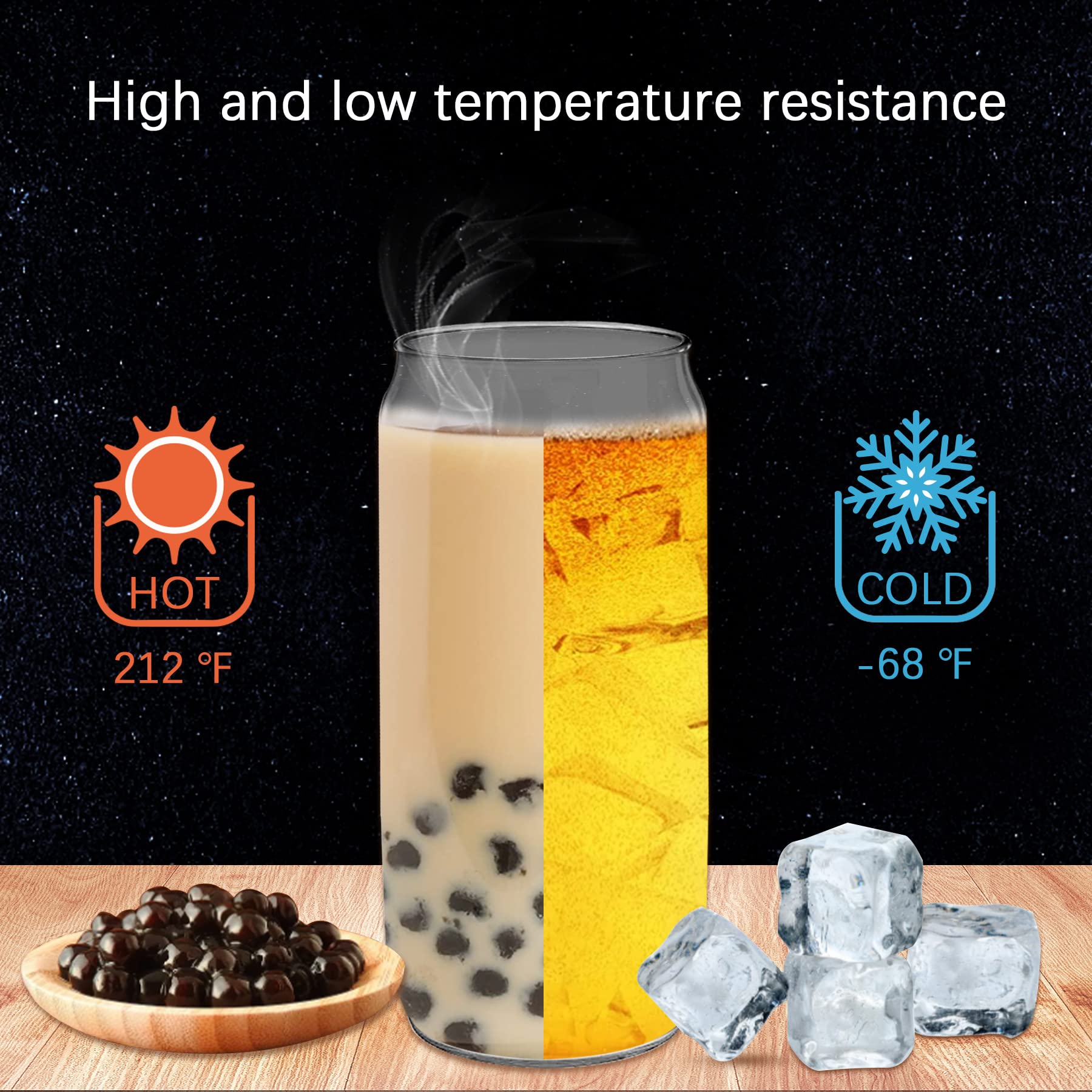 PeacePeo Glass Cups with Lids and Straws 20 Pcs 16 oz Ice Coffee Cup Skinny and Long Can Beer Cups Set Drinking Glasses with Bamboo Lids Reusable Glass Cups Ideal for Smoothies & Beverages