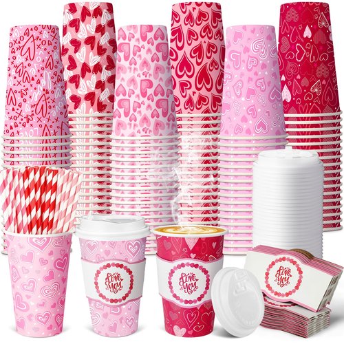Jingmore 48 Sets 16oz Disposable Paper Coffee Cups with Lids Sleeves Straws Holiday Paper Drinking Cups Bulk for Hot Cold Beverages Home Business Cafe Birthday Party Supplies (Hearts)