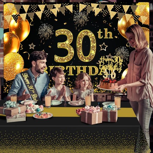 30th Birthday Decorations - Black and Gold Banner, Table Cloth, Balloons, Sash & Cake Topper