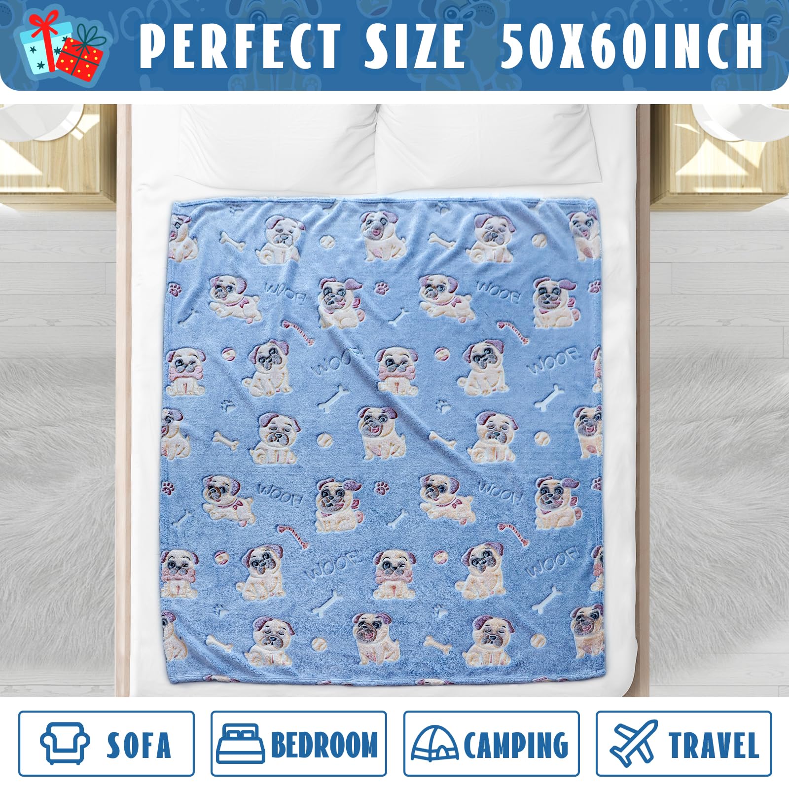 ORDM Glow in The Dark Blanket Dog Pattern Blankets Pug Gifts for Pug Lovers Doggy Throw Blanket Fleece for Kids Adults