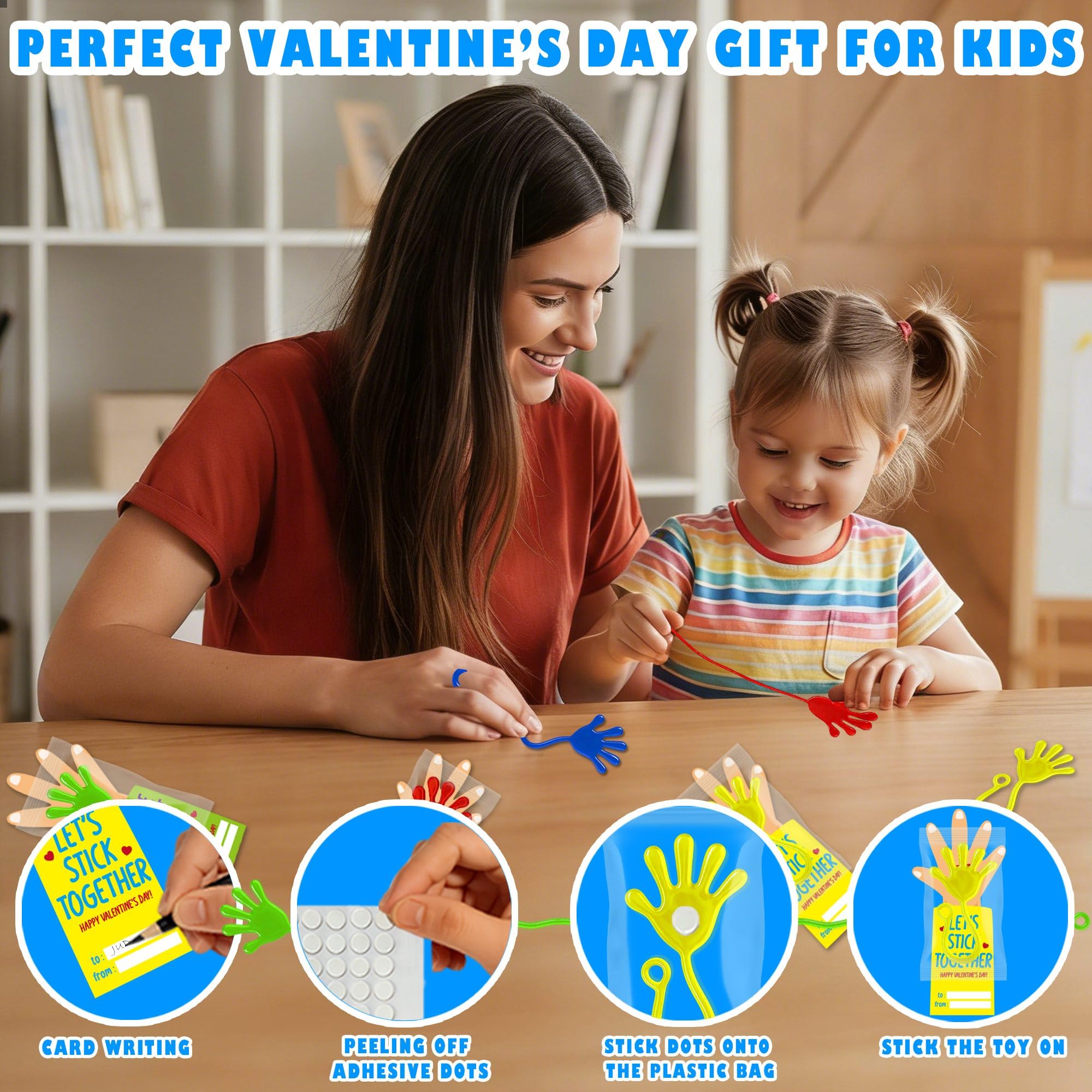 Valentines Cards for Kids Classroom - 28 PACK Sticky Hands with Kids Valentines Cards, Funny Valentine Classroom Gifts for Girls Boys, Valentines Party Favors & Goodie Bag Stuffers for Class Preschool