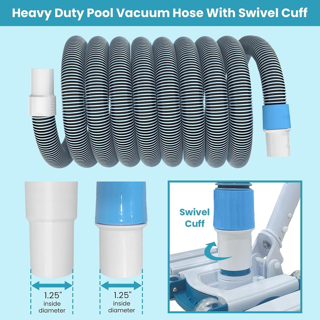 POOLWHALE 30-Foot Swimming Pool Vacuum Hose - Weighted Rotatable Handle & Wheels for Easy Cleaning