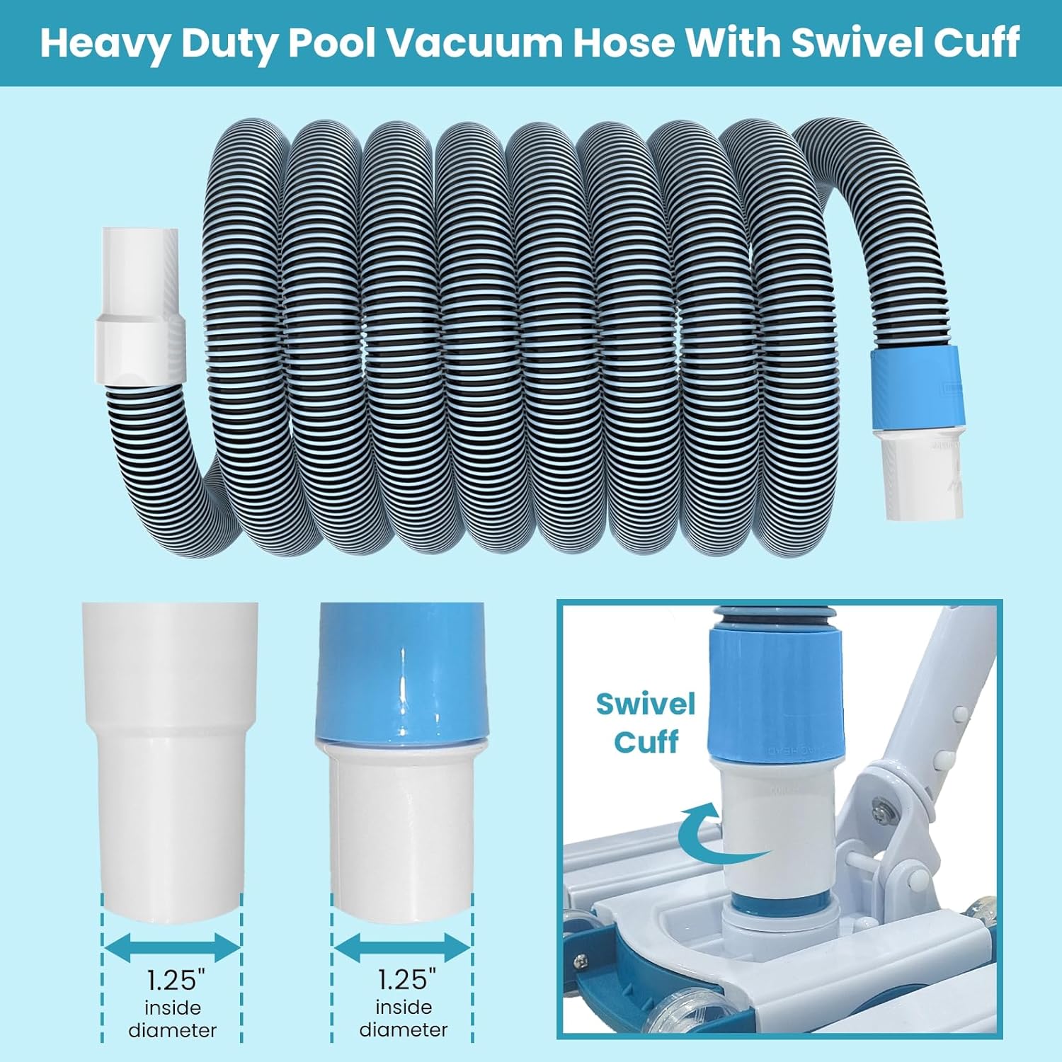 POOLWHALE 30-Foot Swimming Pool Vacuum Hose - Weighted Rotatable Handle & Wheels for Easy Cleaning