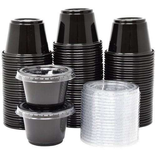 Galashield 2.5 oz Black Jello Shot Cups with Lids, 100 Pack - Small Disposable Plastic Portion Containers, Sauce Cups Condiment & Salad Dressing To Go