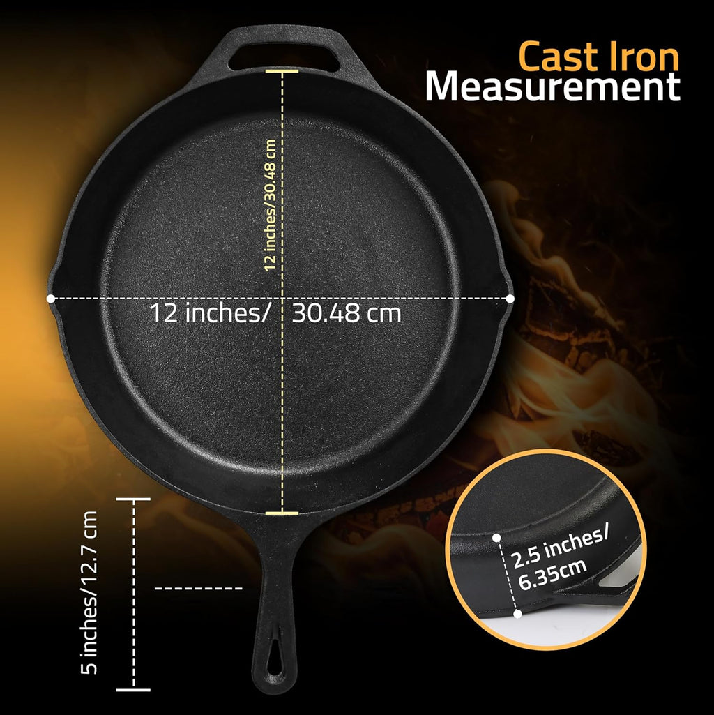 Utopia Kitchen Cast Iron Skillet - 12 Inch Pre-Seasoned Chef's Pan for Even Heat Distribution | Black