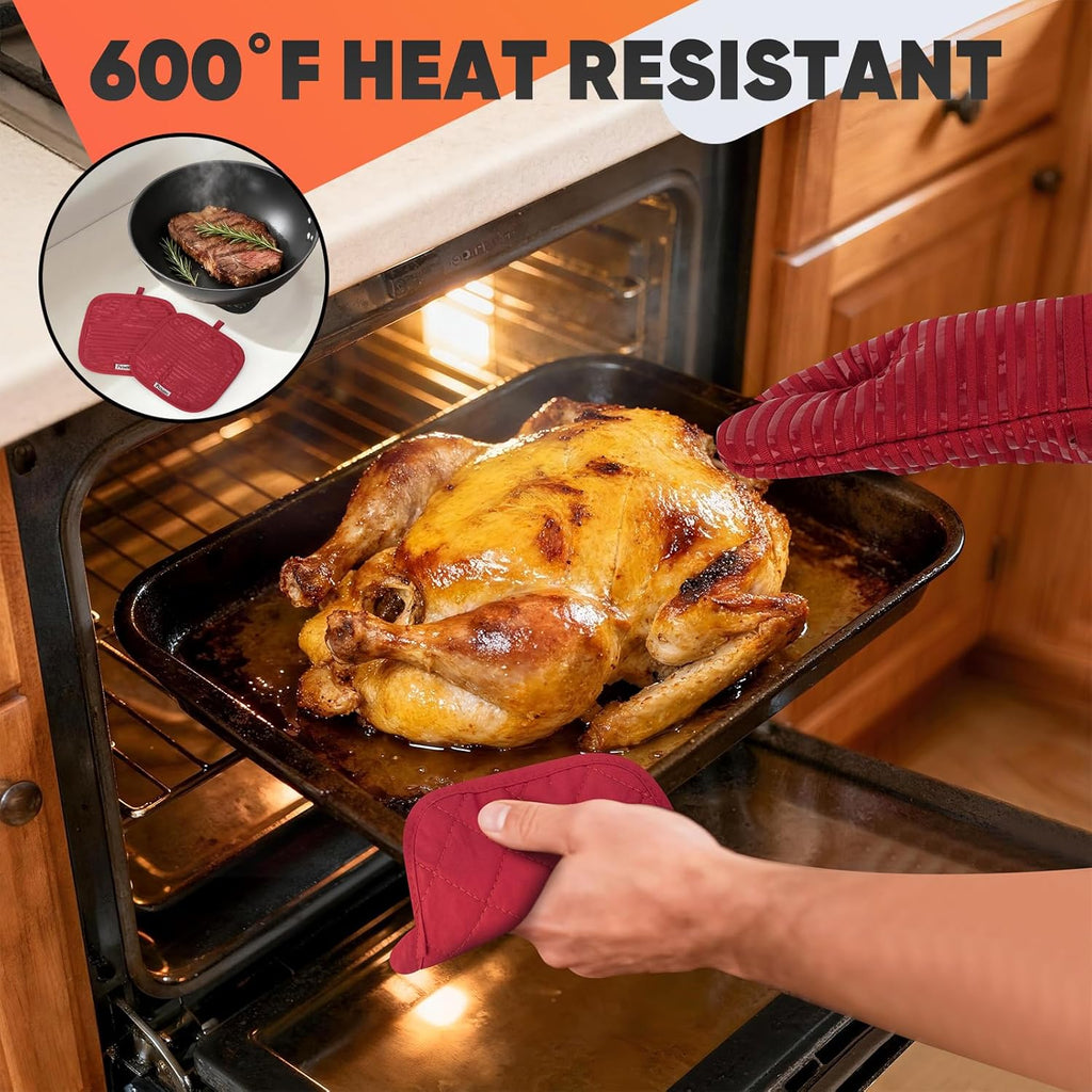 Skiennix Oven Mitts Set - 500°F Heat Resistant Gloves & Potholders with Silicone Grip | Red