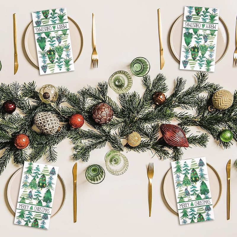Green Christmas Tree Napkins 80 Pcs 4.3x7.8in Folded 13x15.7in Unfolded - 3-Ply Guest Paper Party Napkins